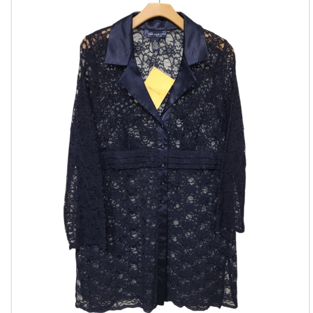 NWT Susan Graver Blue Sheer Floral Lace Satin Duster Jacket Size 2X Layering